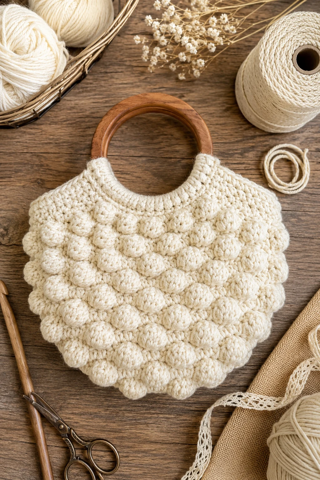 Cream Crochet Bobble Bag With Wooden Handles — crochet bubble bag style outfit