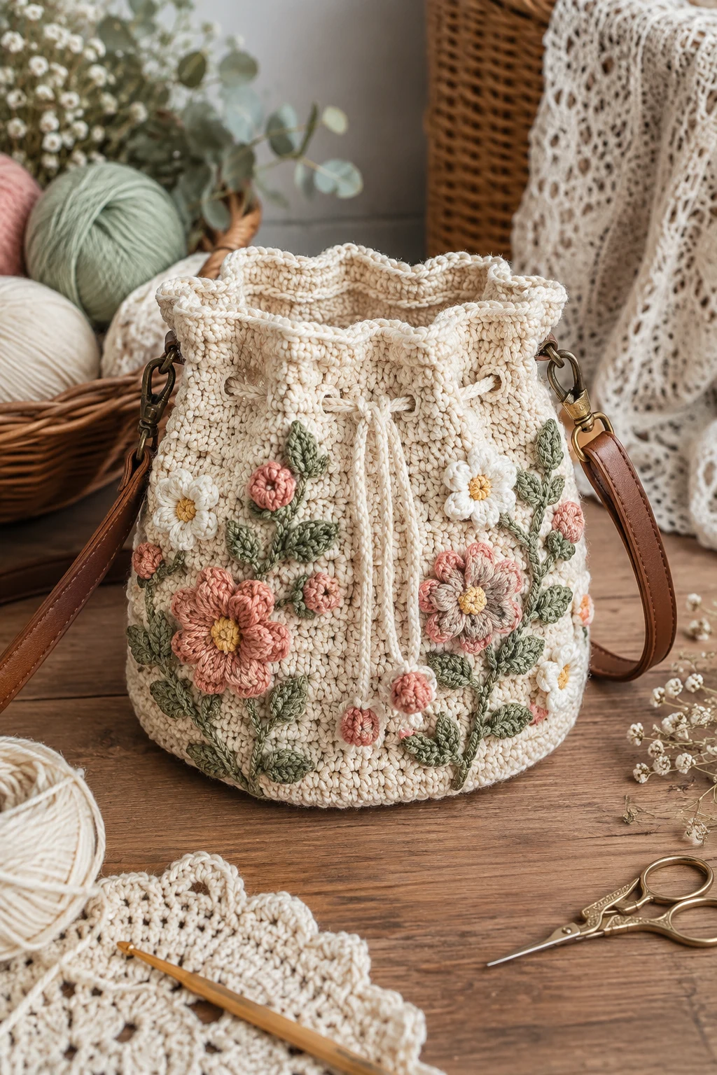 Cottagecore Floral Bucket — crochet bucket bag style outfit
