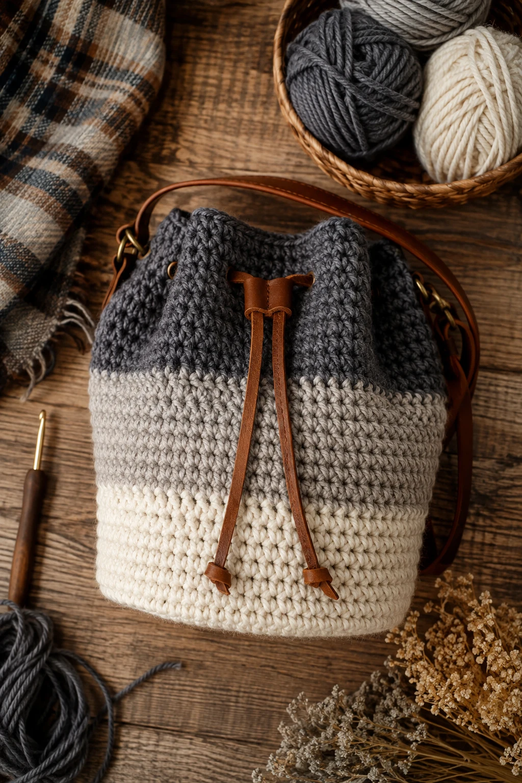 Chunky Winter Bucket Bag — crochet bucket bag style outfit