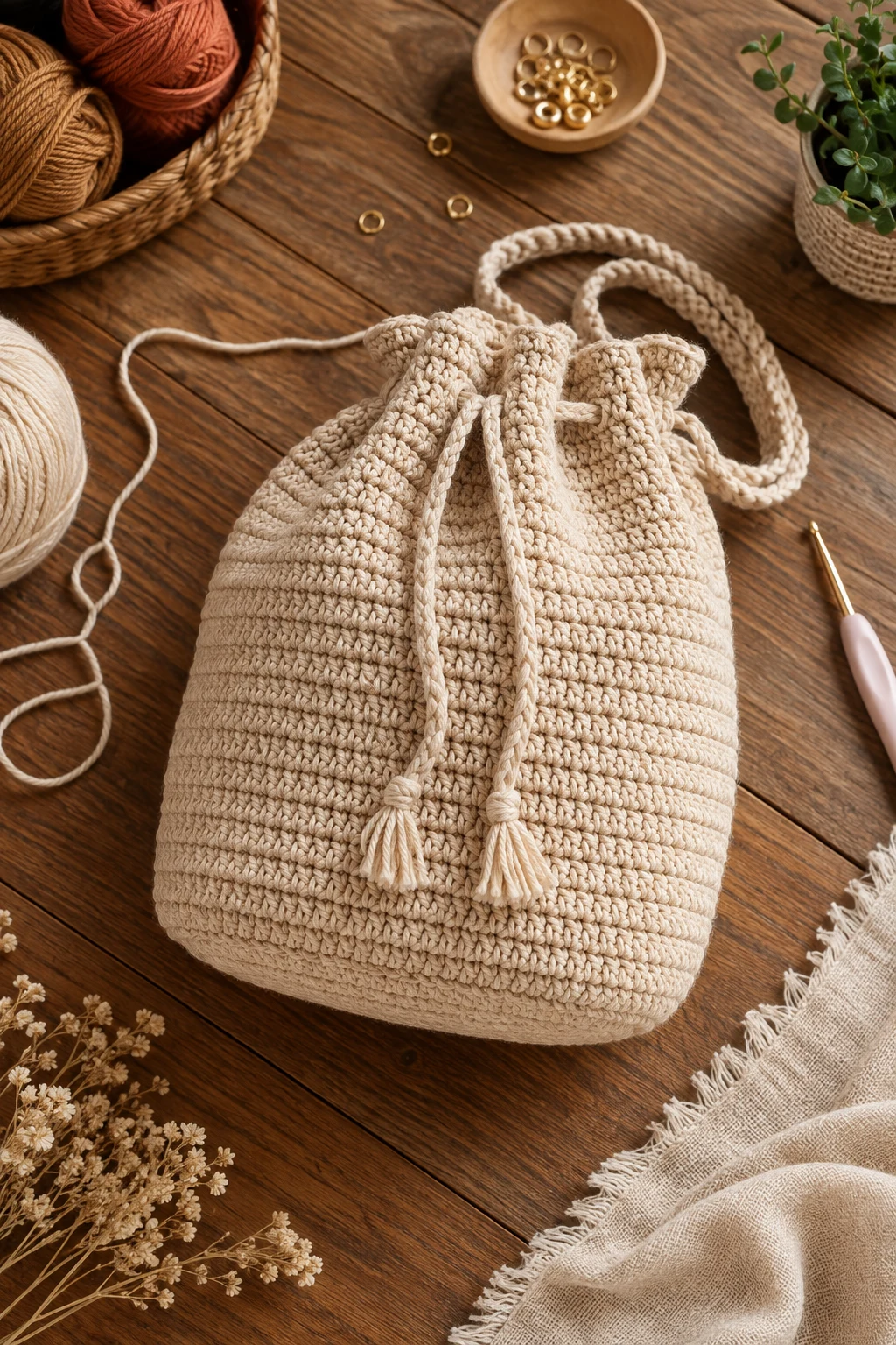 Easy Beginner Drawstring Bag — crochet bucket bag style outfit