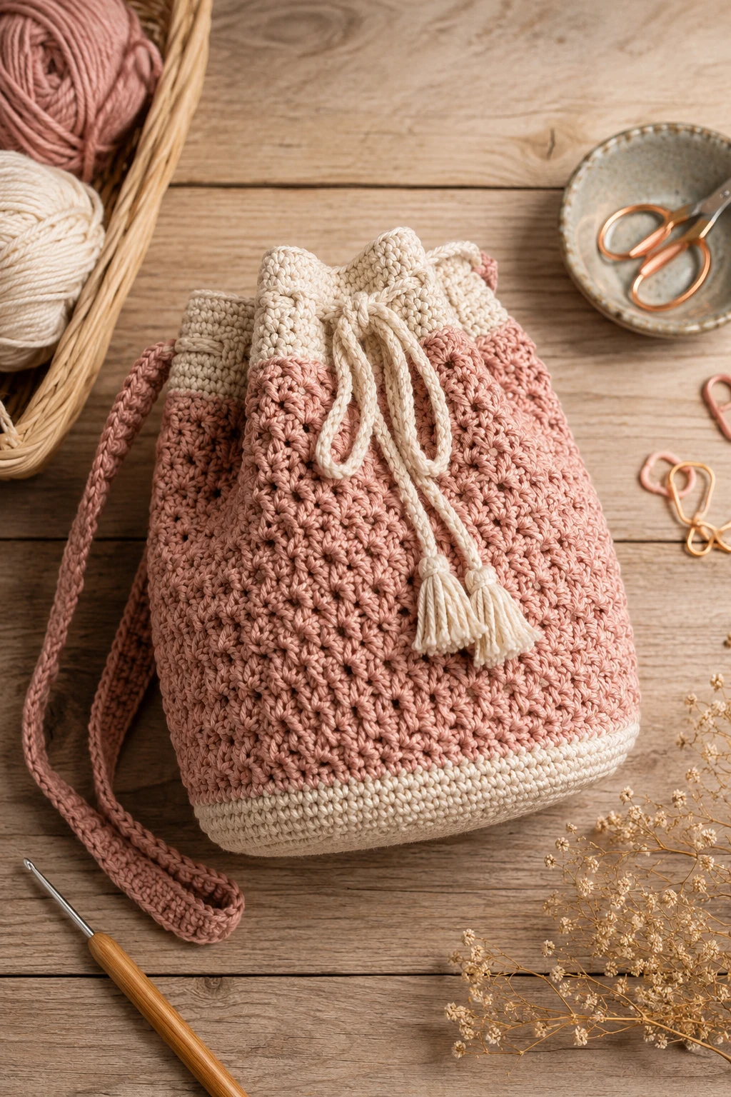 Crochet Kit-Friendly Bucket — crochet bucket bag style outfit