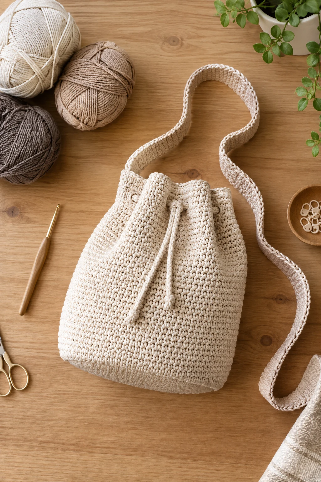 Uniqlo-Inspired Minimal Bucket — crochet bucket bag style outfit