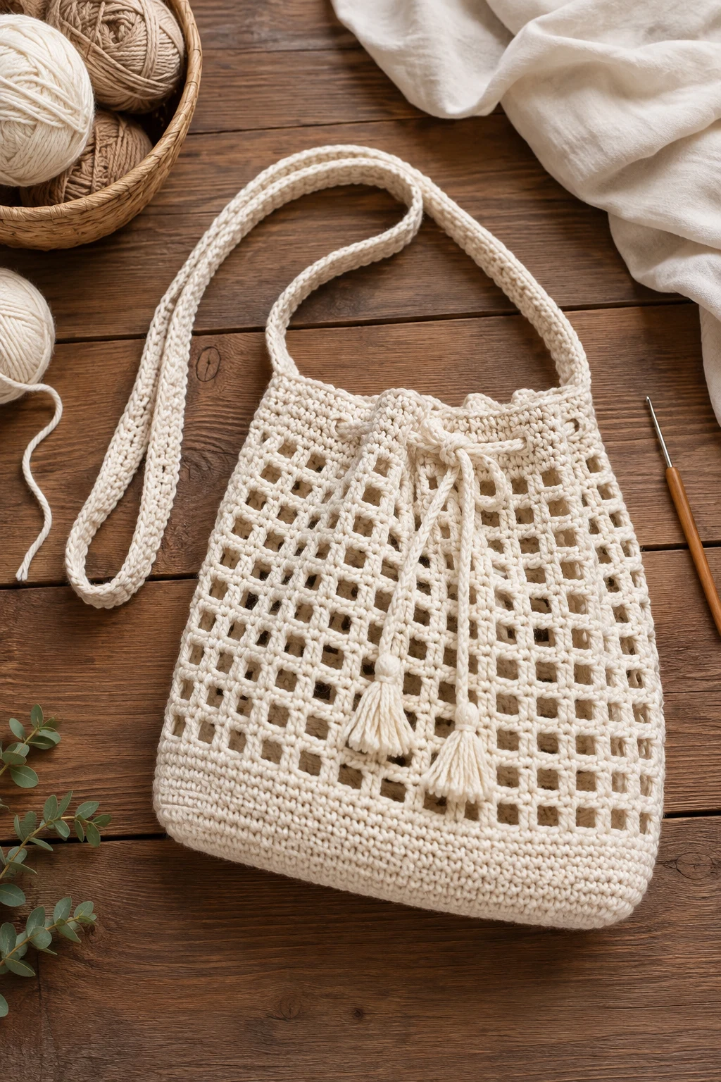 Open-Mesh Market Bucket — crochet bucket bag style outfit