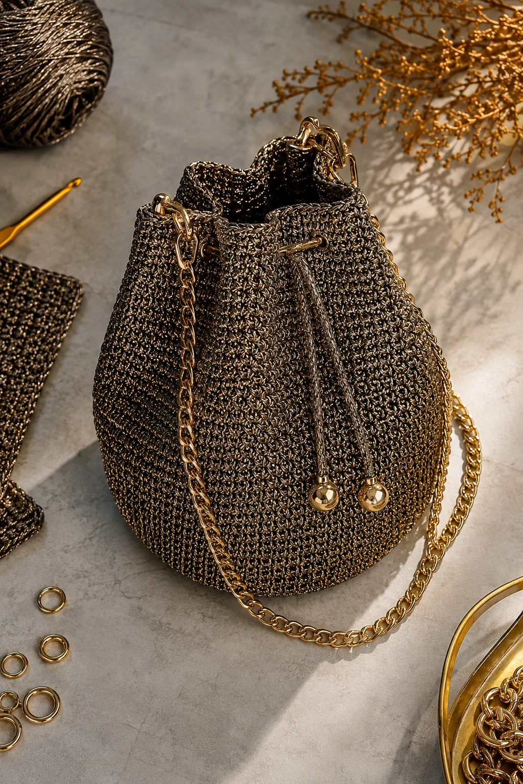 Statement Metallic Evening Bucket — crochet bucket bag style outfit