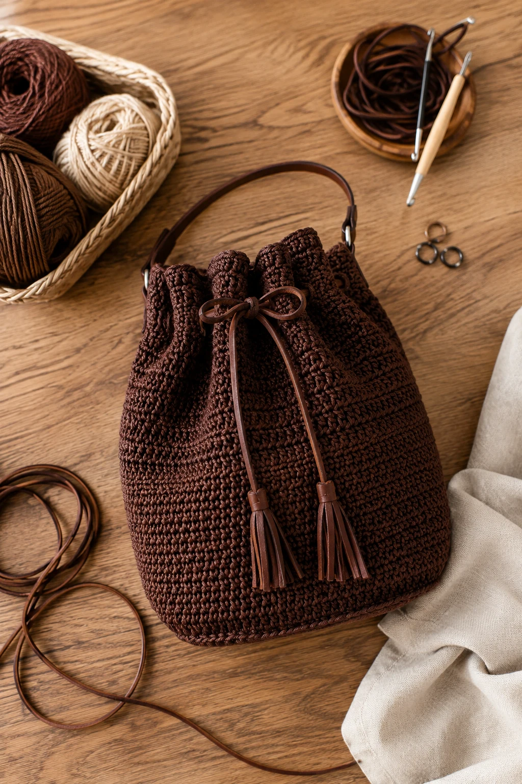 Chocolate Brown Drawstring Bag — crochet bucket bag style outfit