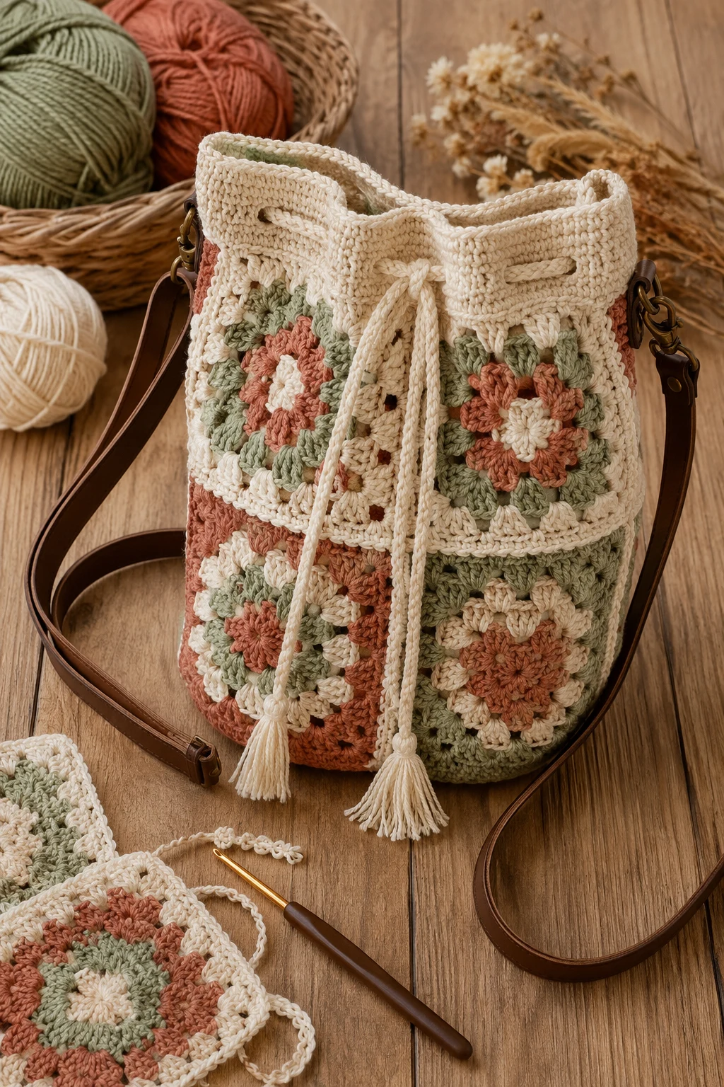 Granny Square Bucket Bag — crochet bucket bag style outfit