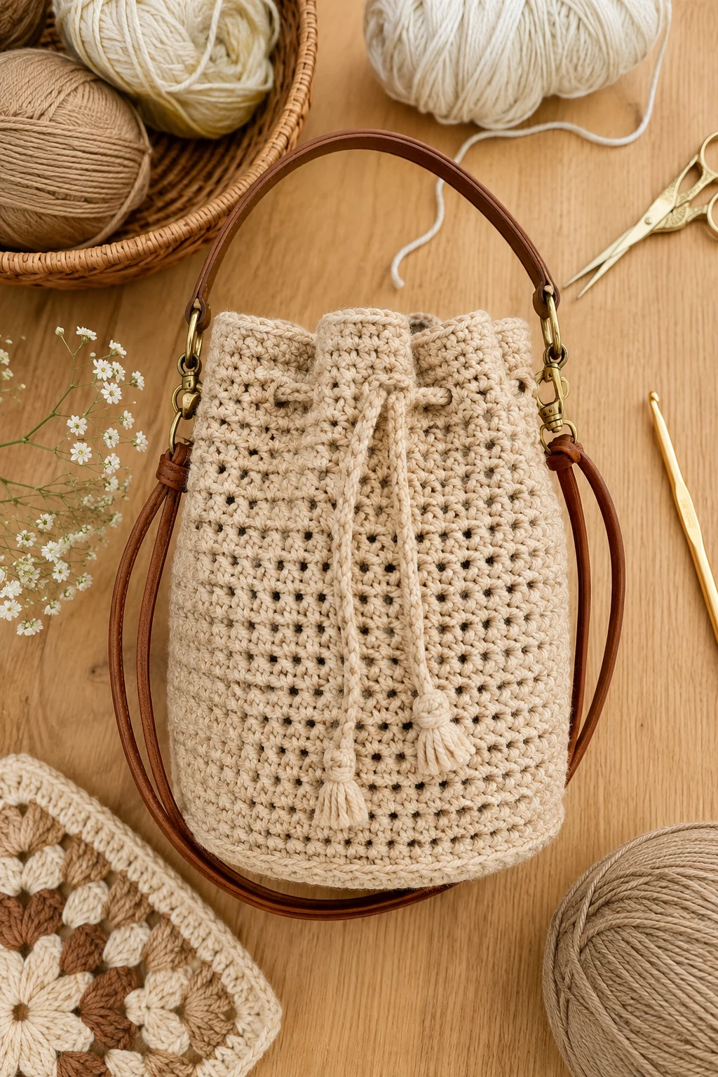 Mini Crochet Bucket Bag — crochet bucket bag style outfit