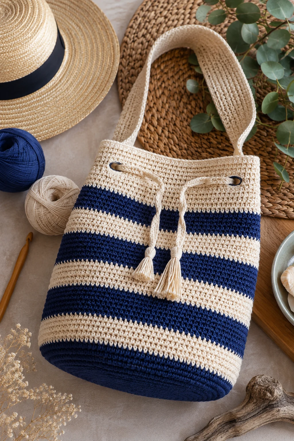 Striped Beach Bucket — crochet bucket bag style outfit