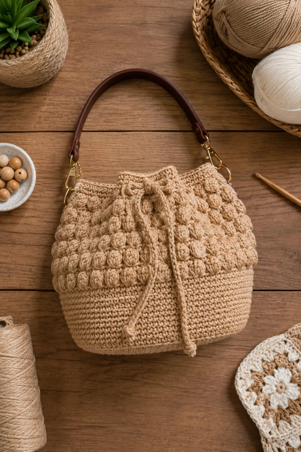 Textured Puff-Stitch Bucket — crochet bucket bag style outfit