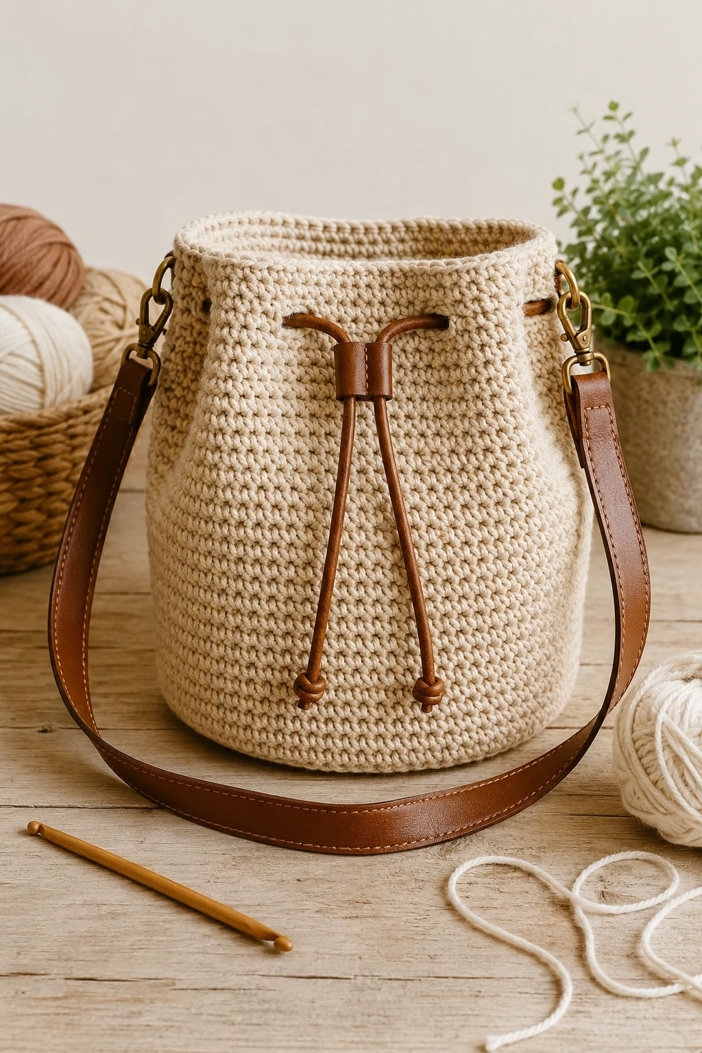 Crochet Bucket Bag With Leather-Style Strap — crochet bucket bag style outfit