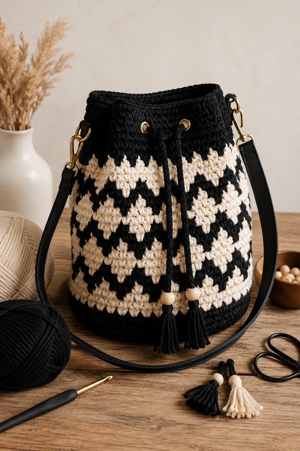 Designer-Inspired Black and White Bag — crochet bucket bag style outfit