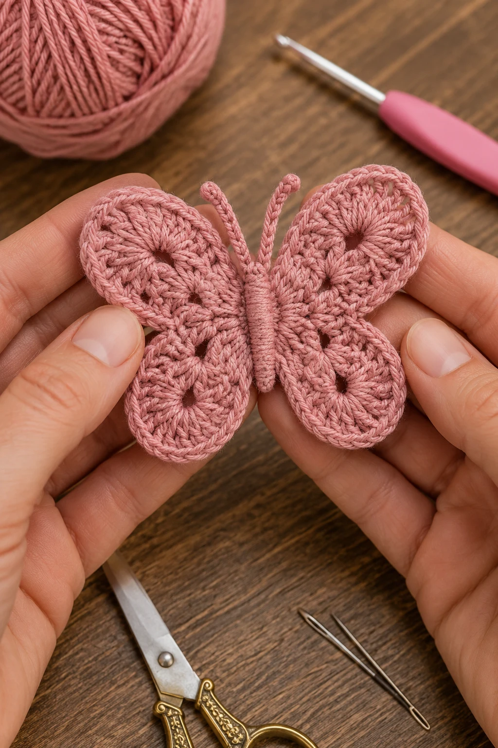 hands holding up the finished, completed crochet butterfly applique patterns free using Sport-weight 100% cotton yarn, approximately 8–10 g / 20–25 m; 3.0 mm (US C/2) crochet hook; Tapestry needle, 1 blunt-ended needle for weaving in ends; Small sharp scissors; Color: Dusty rose cotton yarn up close, right after this final 