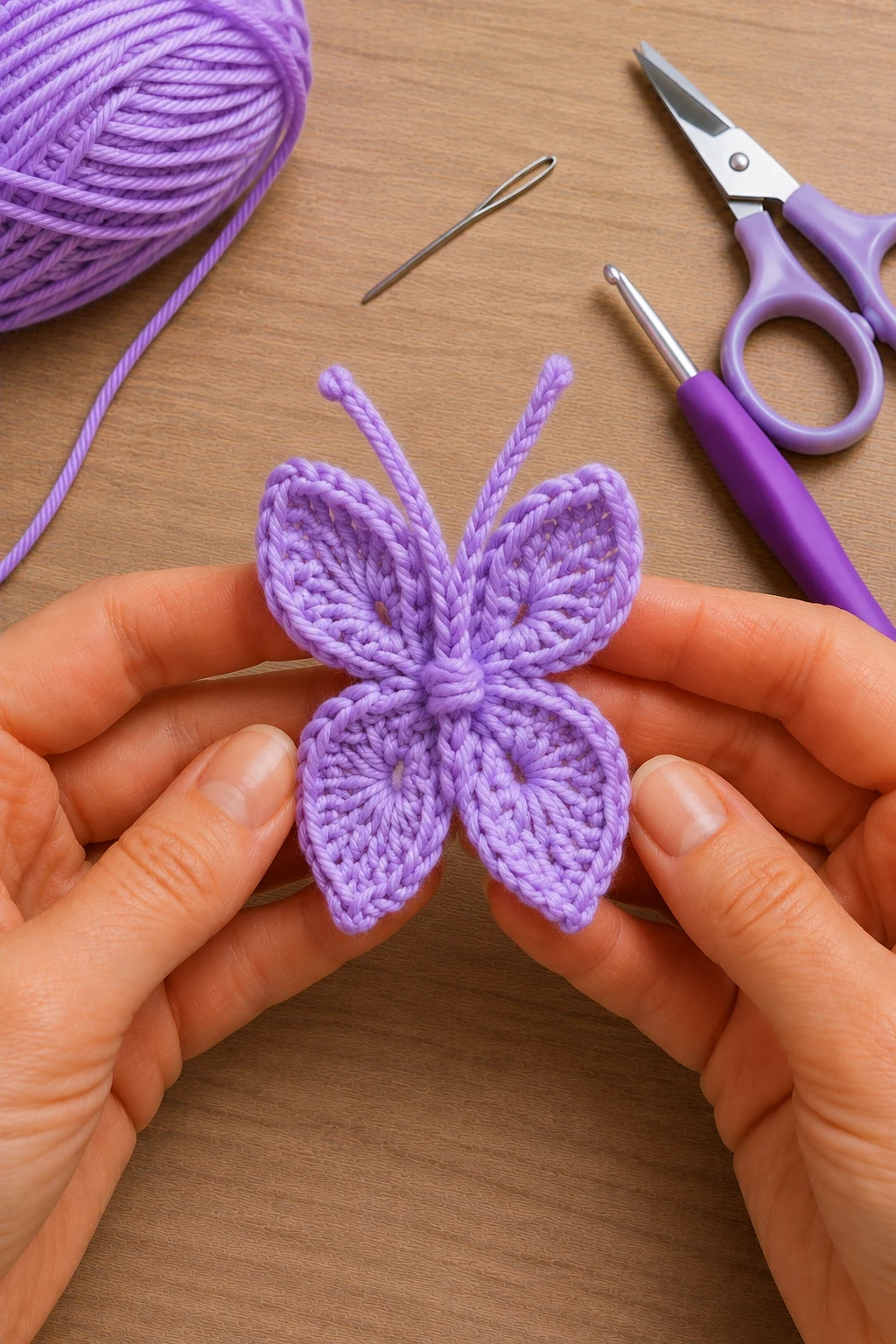 hands holding up the finished, completed crochet butterfly applique patterns free using Medium-weight cotton yarn, approximately 8–10 yards, in one color; 5 mm crochet hook (US H-8); Yarn needle with a blunt tip; Sharp scissors; Color: One solid lavender color throughout the entire butterfly up close, right after this final