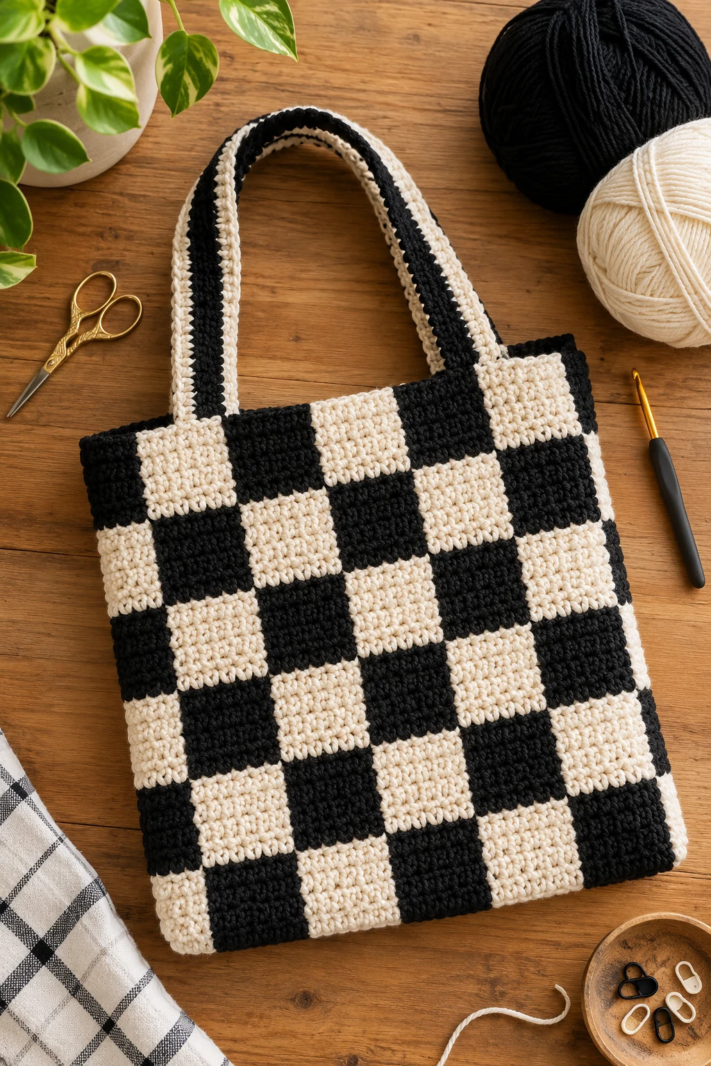 Classic Black-and-Cream Crochet Checkered Bag — crochet checkered bag style outfit