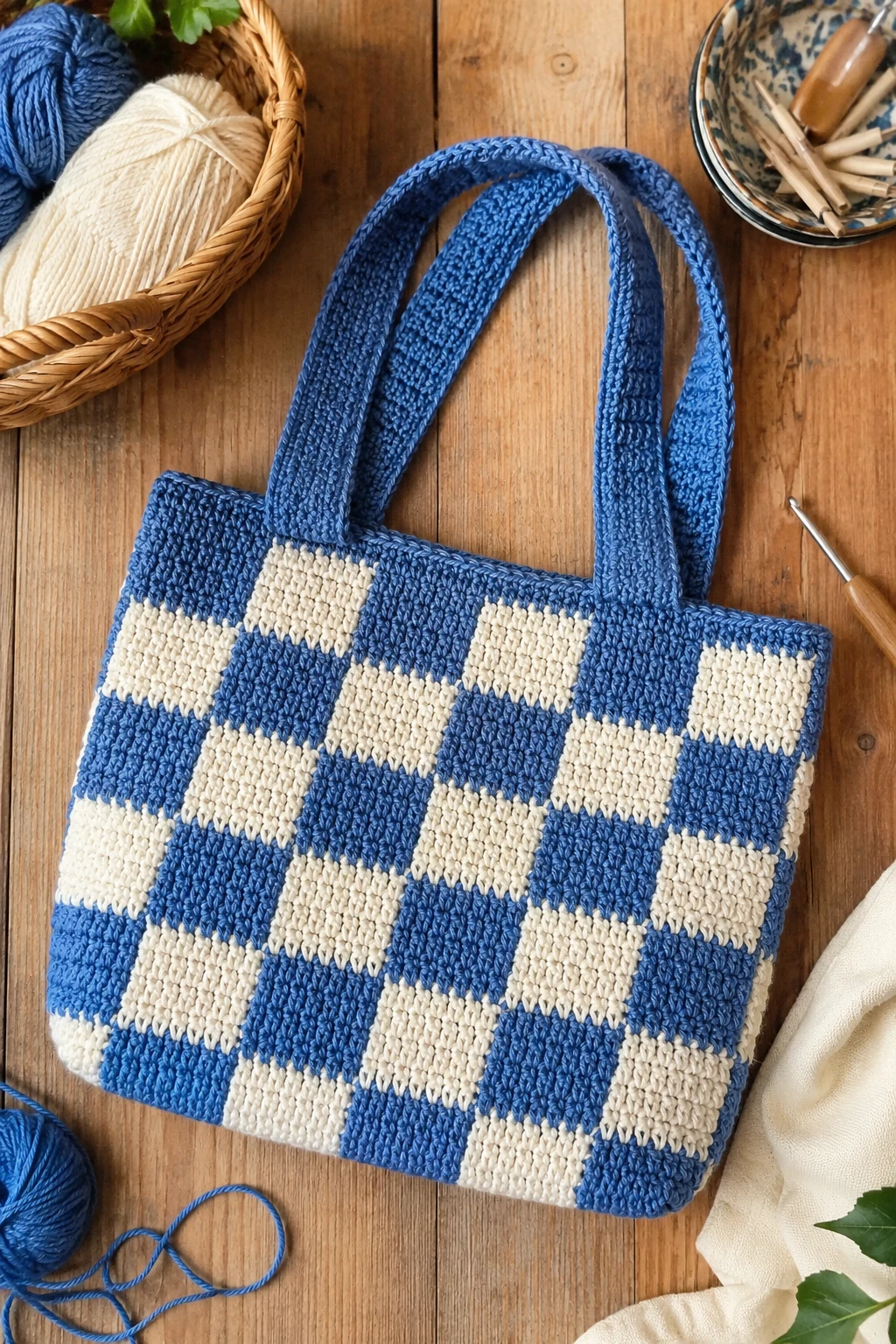Denim Blue Everyday Checkered Tote — crochet checkered bag style outfit