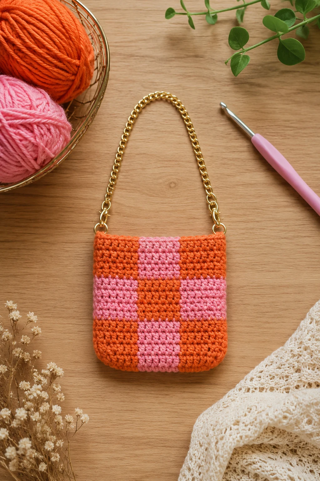 Tiny Checker Micro Bag — crochet checkered bag style outfit