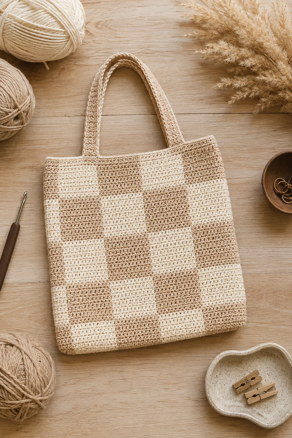 Neutral Beige Minimalist Checkered Bag — crochet checkered bag style outfit