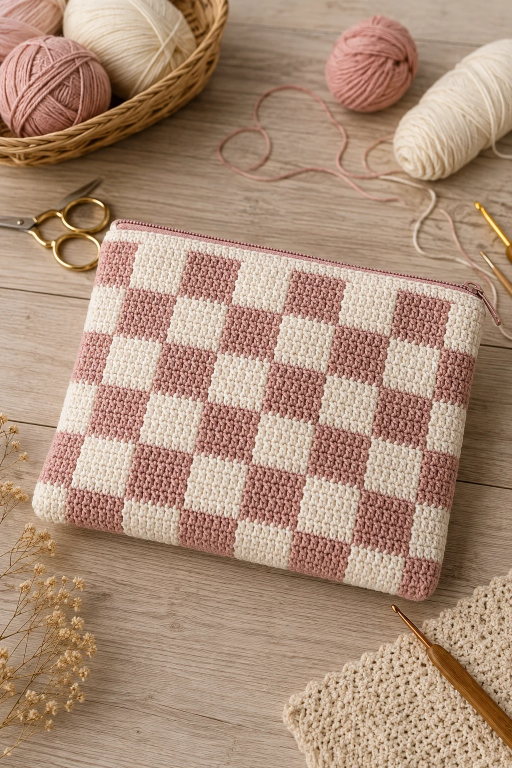 Zippered Crochet Checkered Project Bag — crochet checkered bag style outfit