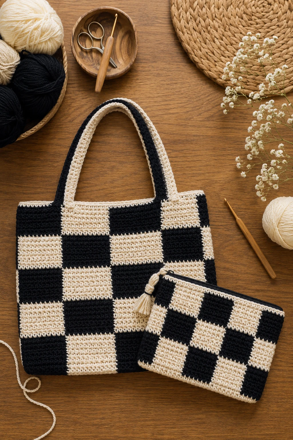 Monochrome Crochet Checkered Bag With Matching Pouch — crochet checkered bag style outfit