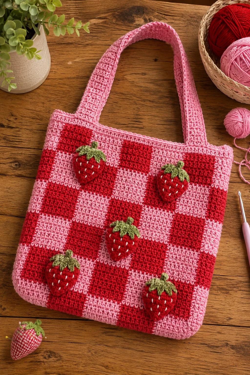 Pink and Red Strawberry Checkered Tote — crochet checkered bag style outfit