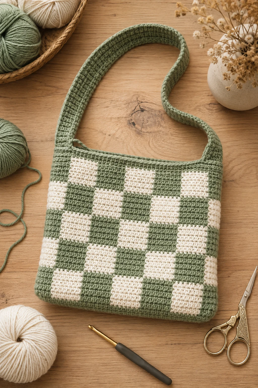 Sage Green Crochet Checkered Shoulder Bag — crochet checkered bag style outfit