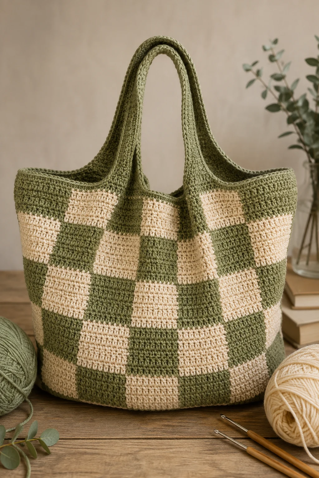 Oversized Crochet Checkered Market Tote — crochet checkered bag style outfit