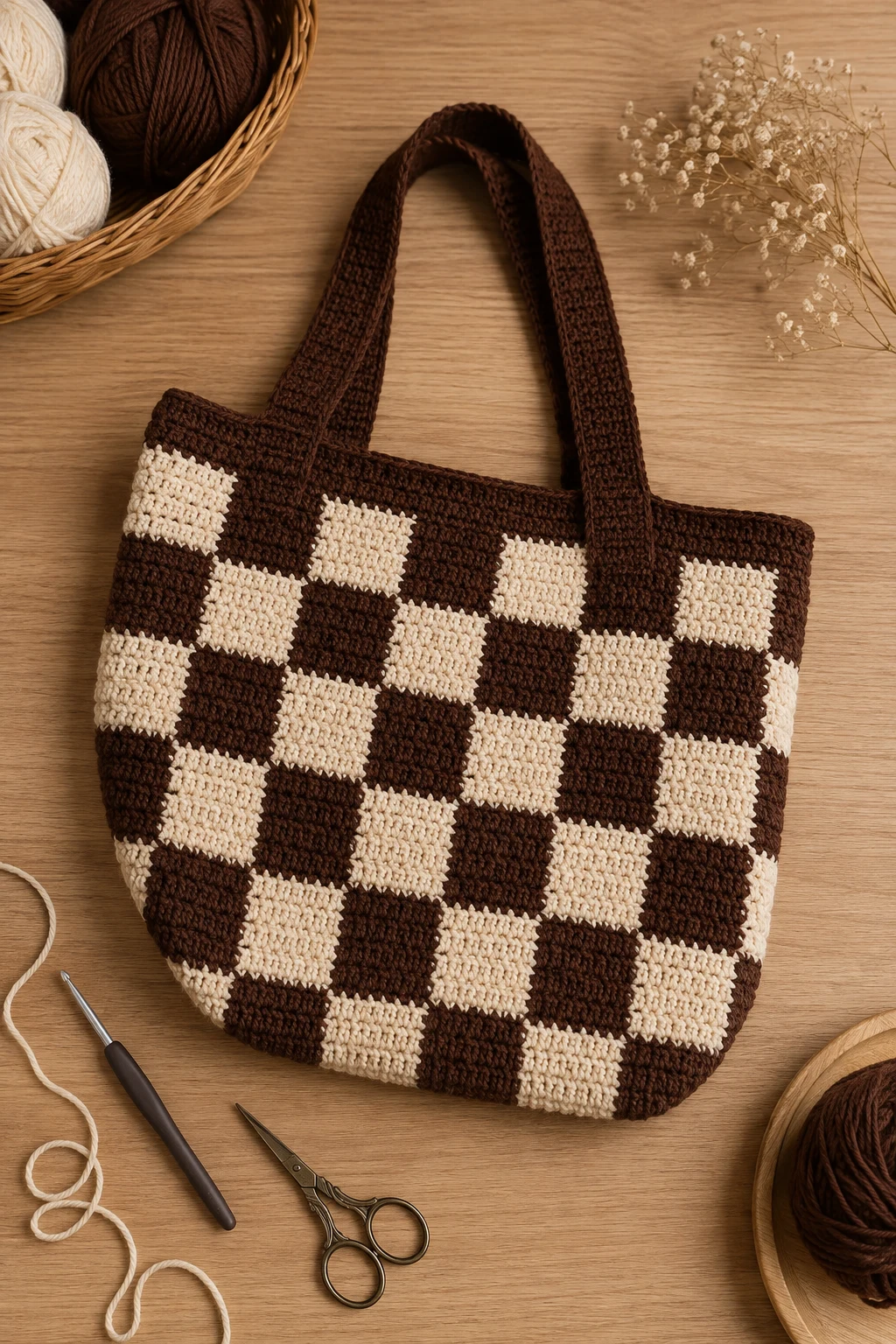 Chocolate Brown and Cream Retro Bag — crochet checkered bag style outfit