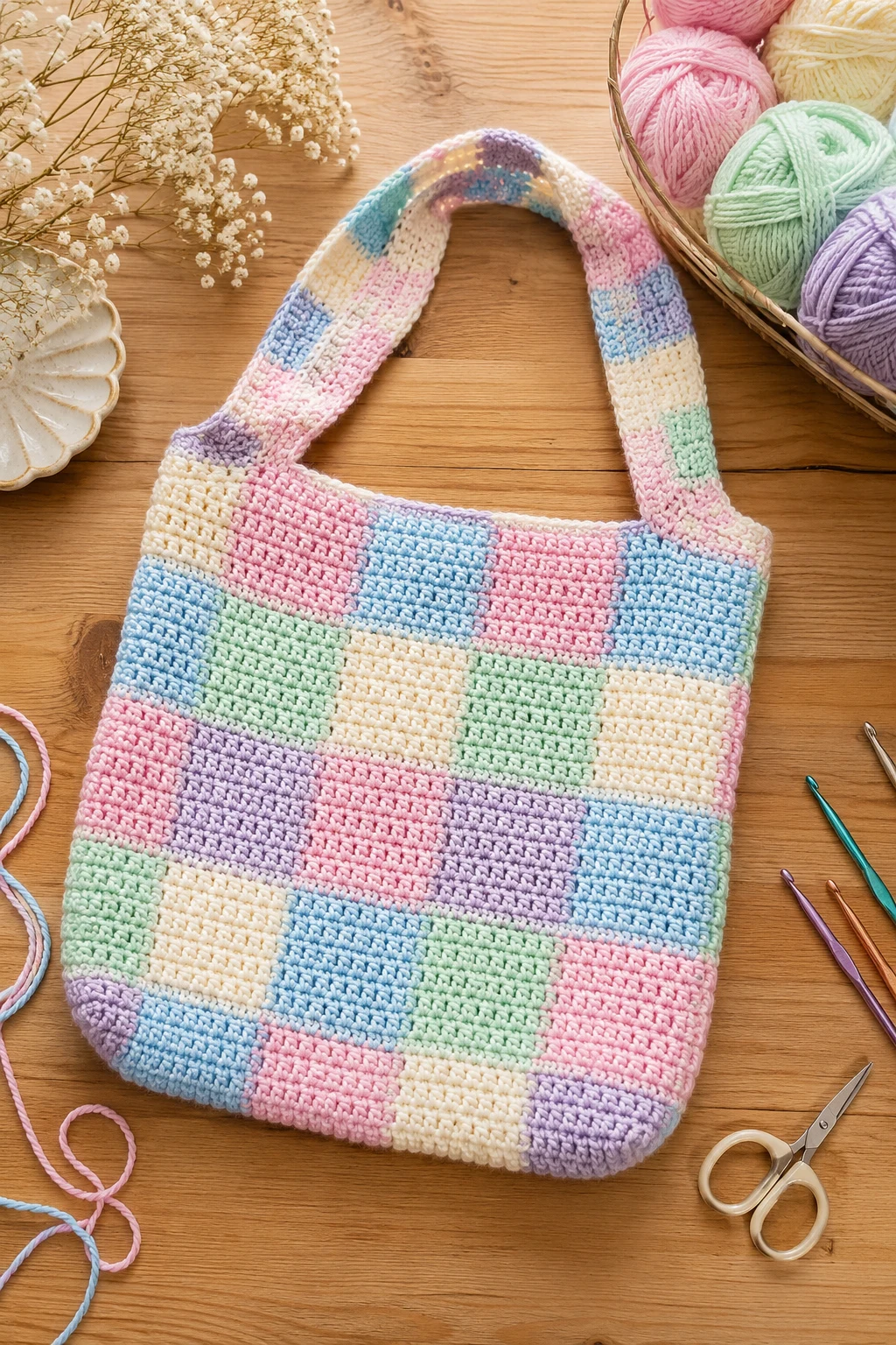 Pastel Crochet Checkered Bag — crochet checkered bag style outfit