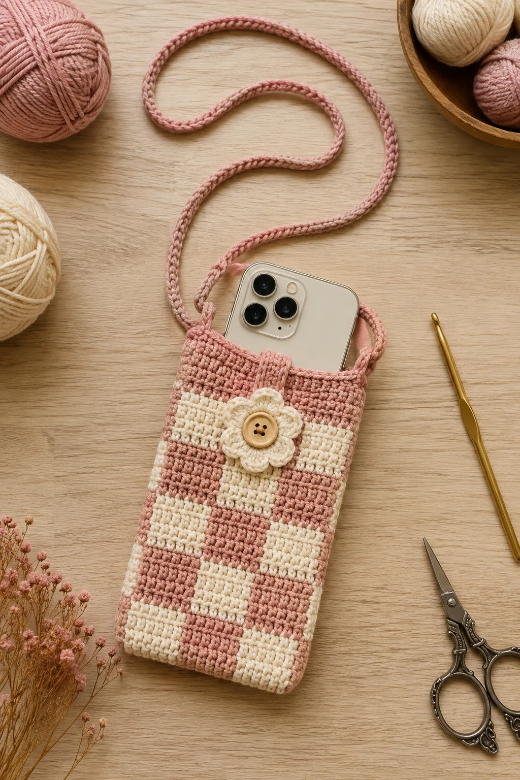 Mini Checkered Crochet Phone Bag — crochet checkered bag style outfit