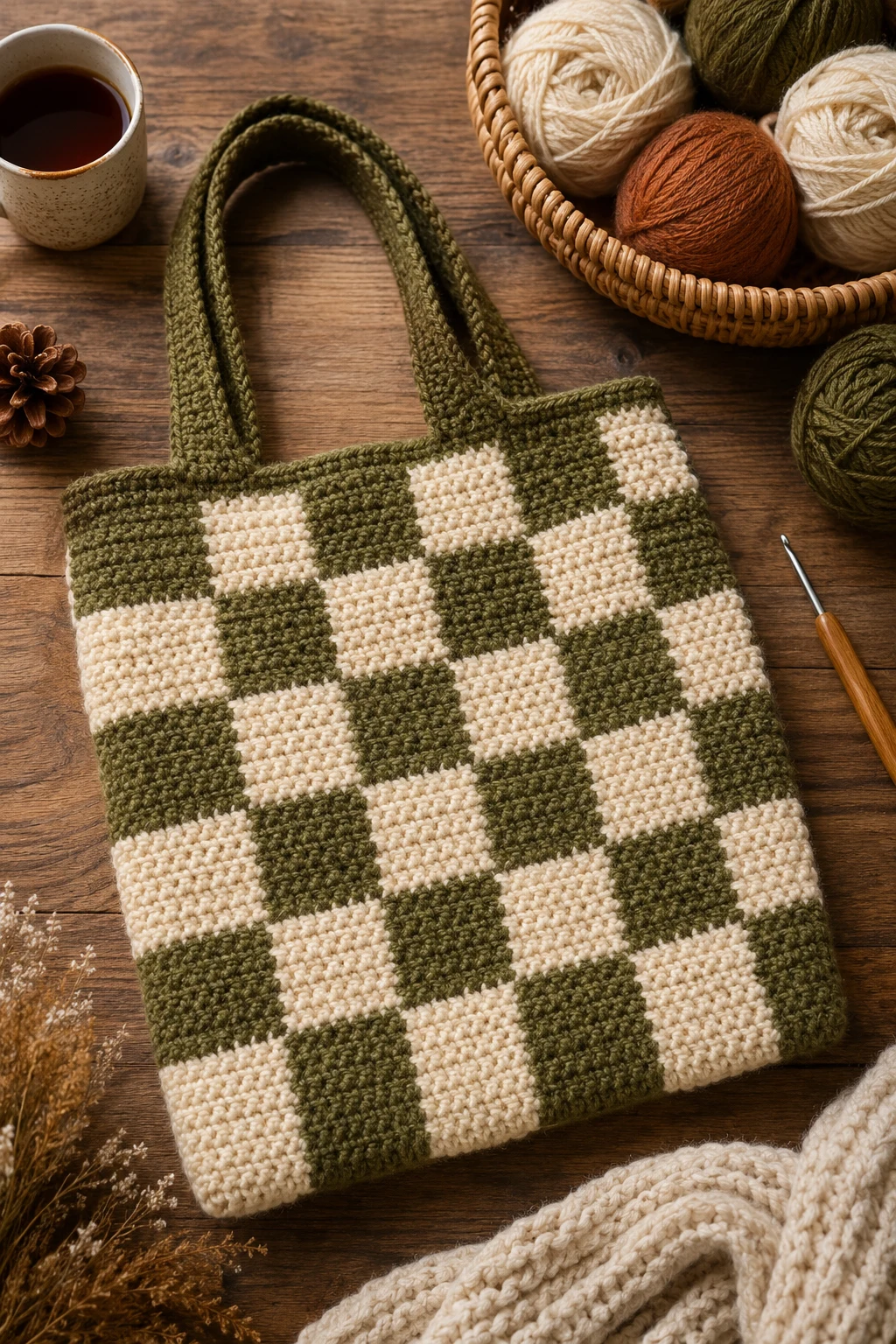Chunky Checkerboard Winter Tote — crochet checkered bag style outfit