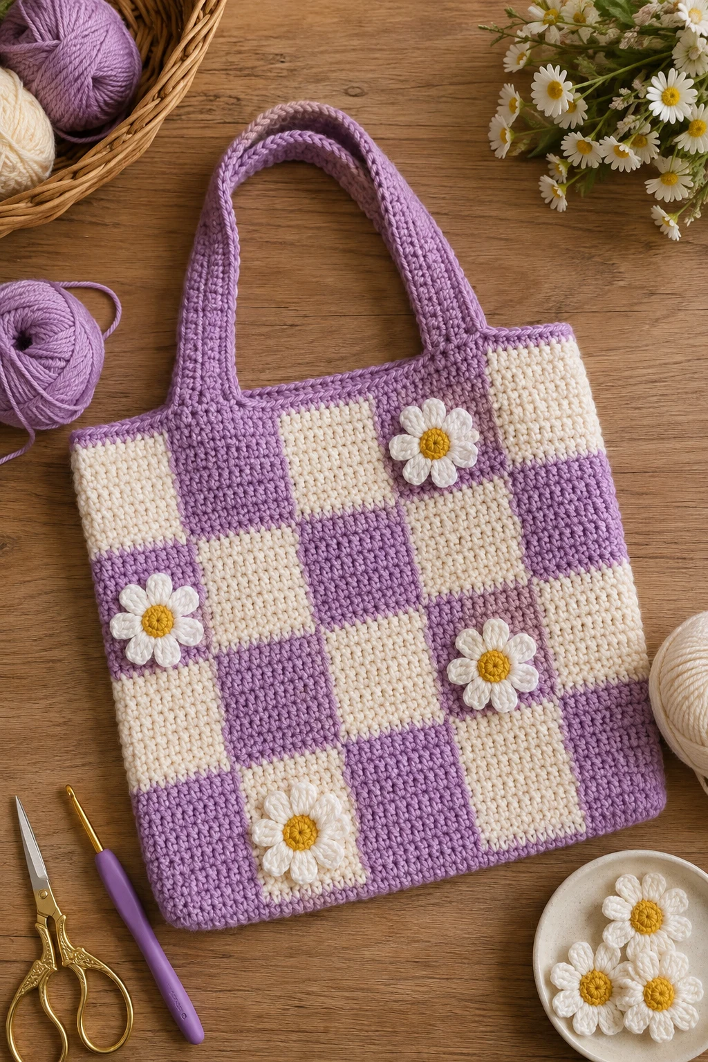 Crochet Checkered Bag With Daisy Details — crochet checkered bag style outfit