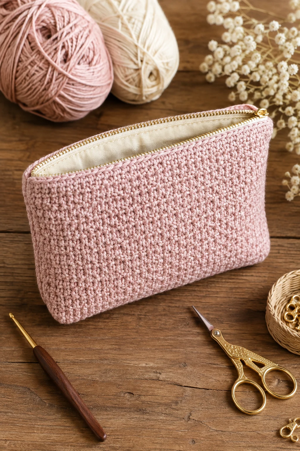 Blush Pink Everyday Crochet Cosmetic Bag — Crochet cosmetic bag style outfit
