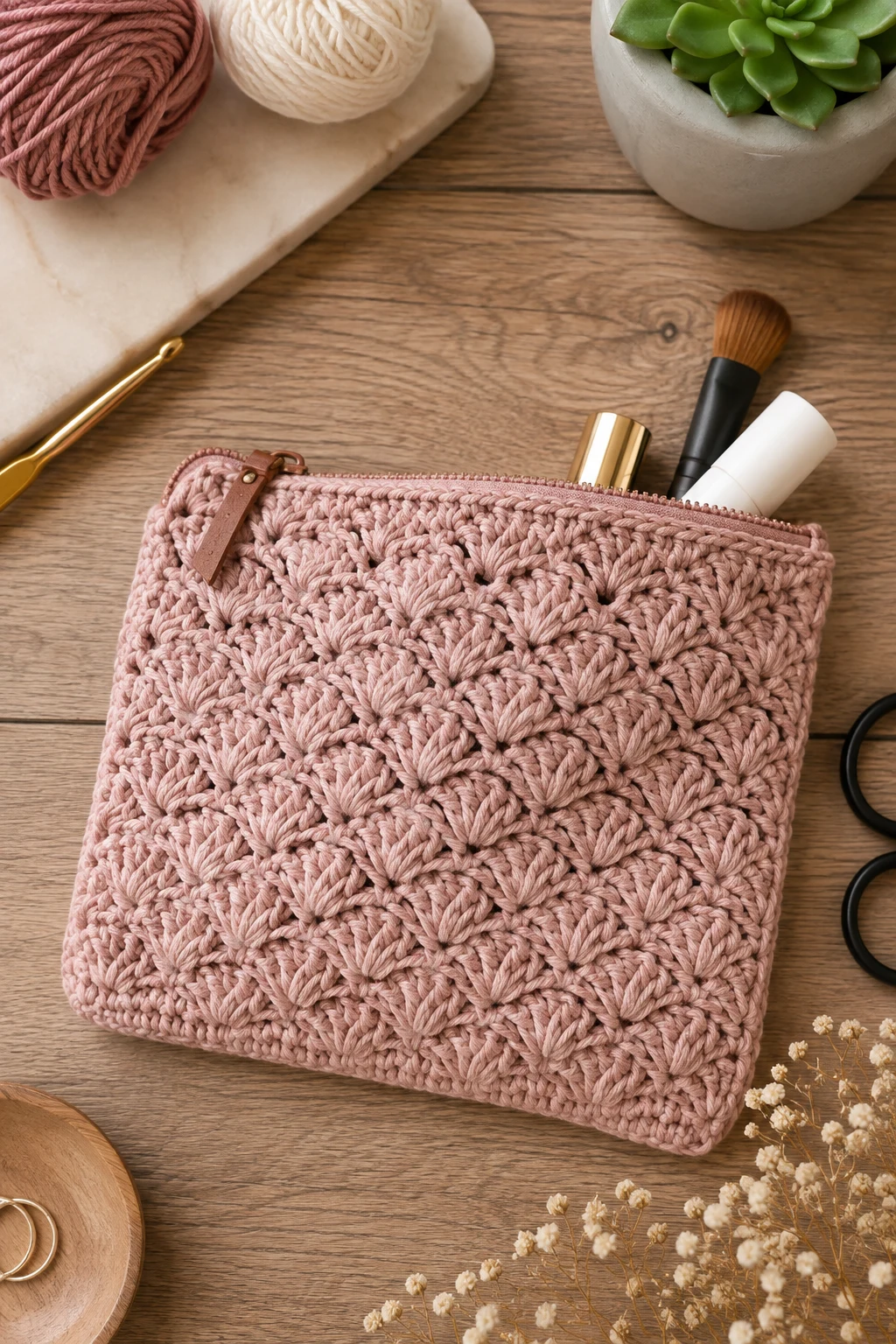 Textured Shell Stitch Makeup Bag — Crochet cosmetic bag style outfit