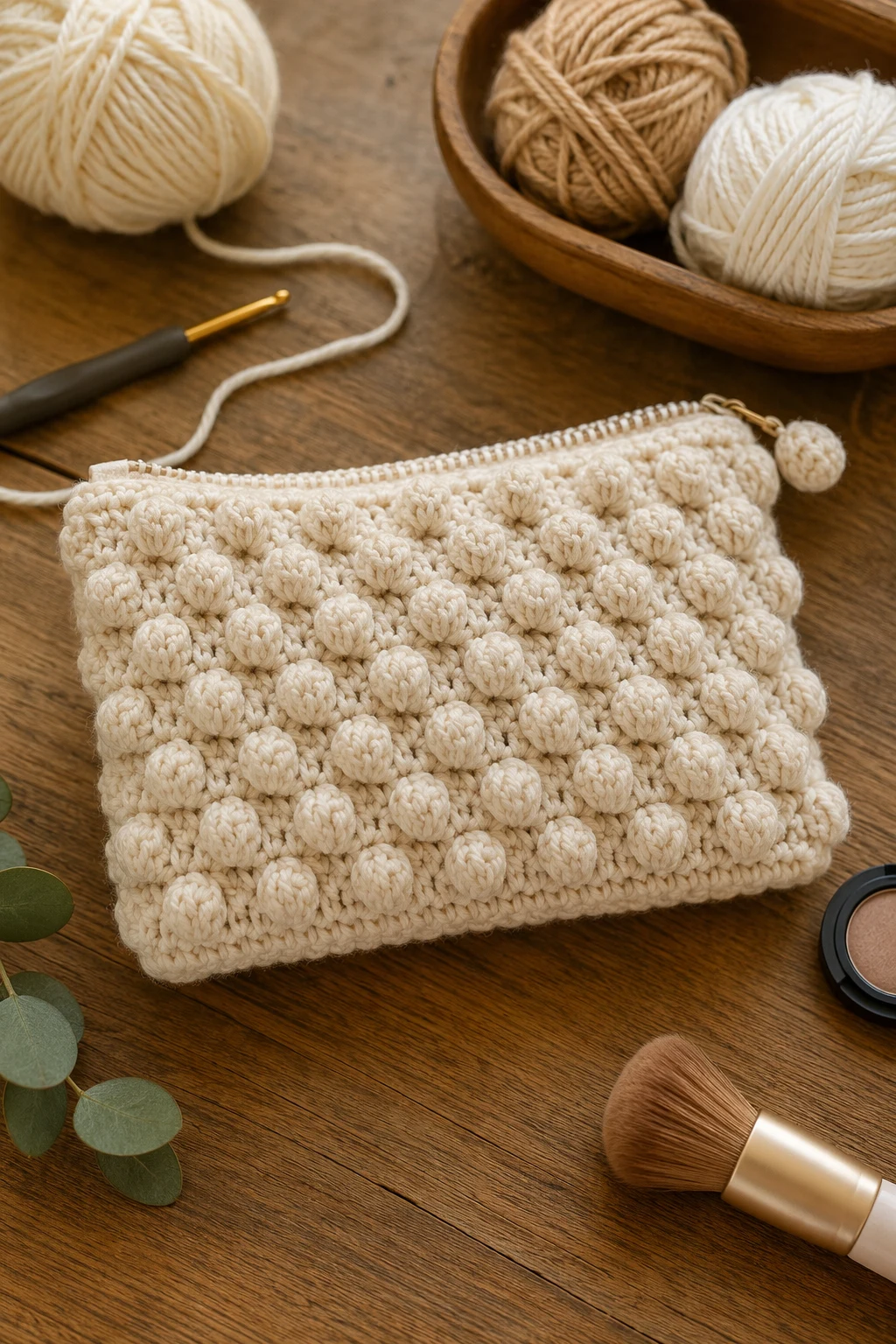 Textured Bobble Stitch Makeup Bag — crochet cosmetic bag style outfit