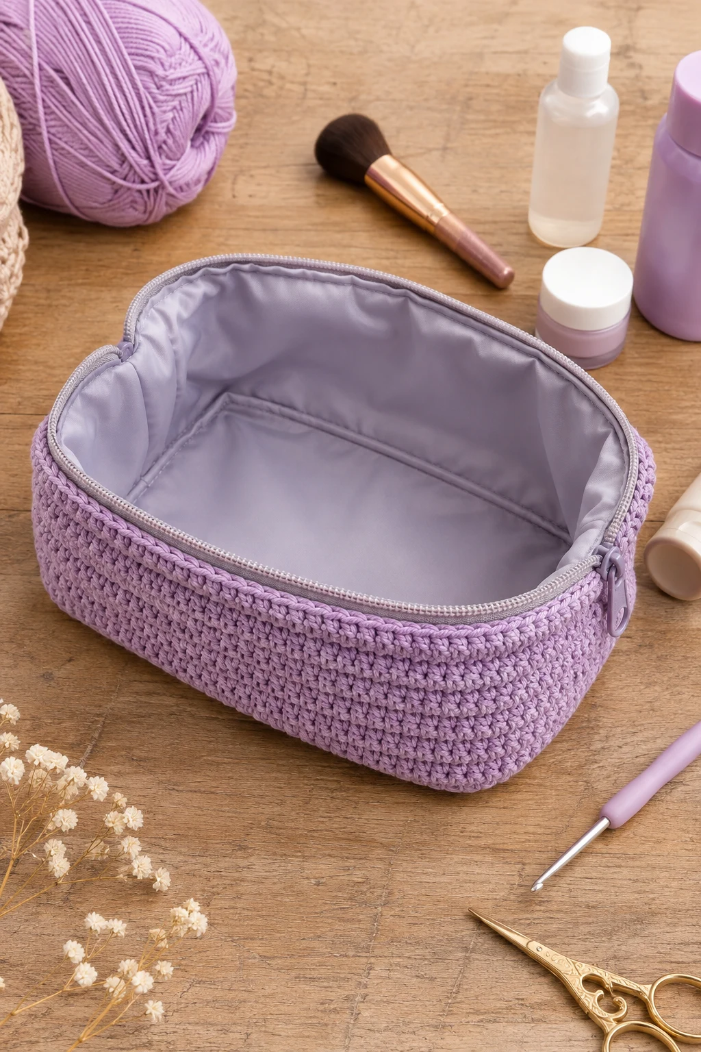 Waterproof-Lined Travel Cosmetic Case — Crochet cosmetic bag style outfit