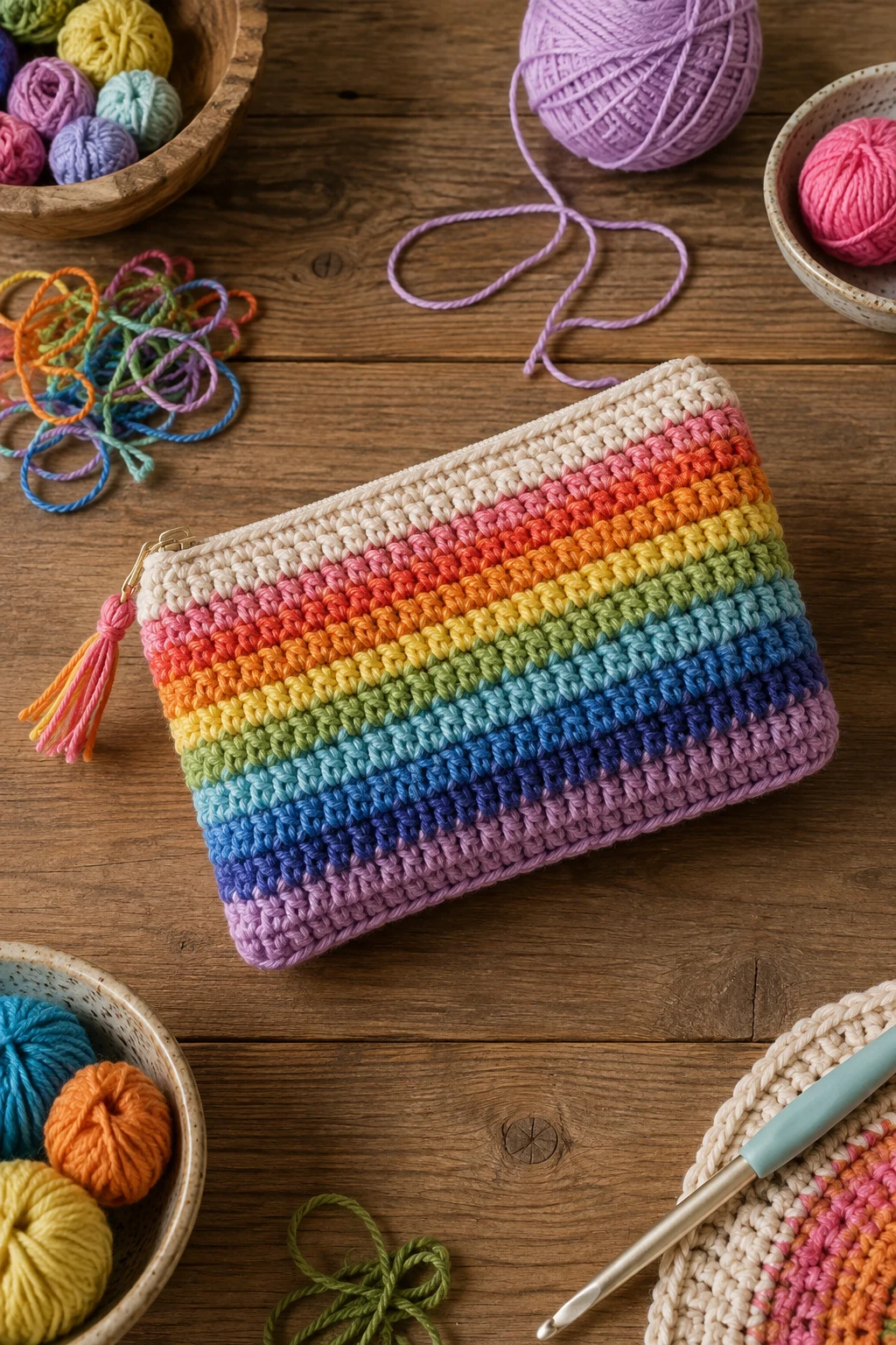 Scrap-Yarn Rainbow Cosmetic Pouch — crochet cosmetic bag style outfit