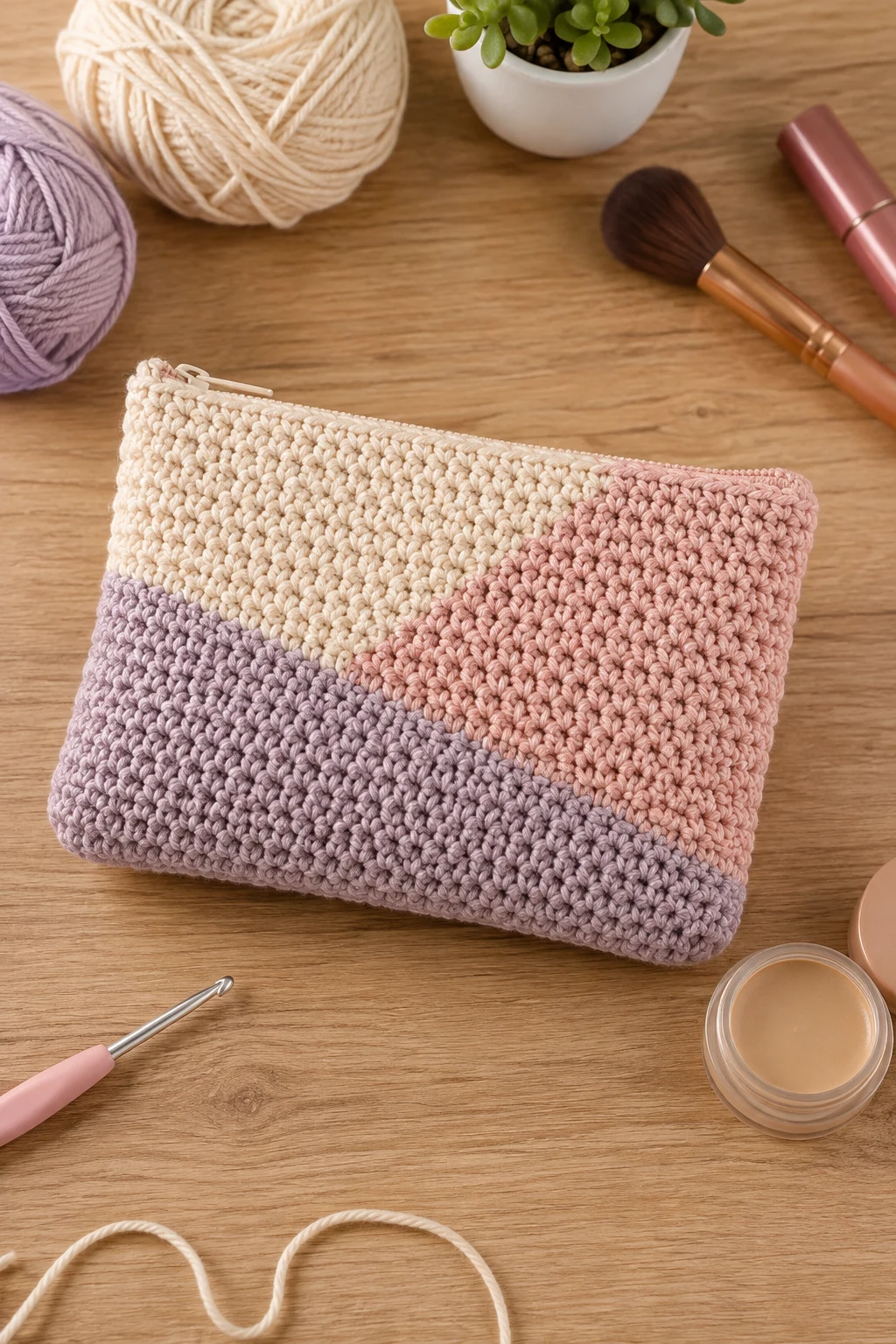 Color-Block Modern Makeup Pouch — Crochet cosmetic bag style outfit