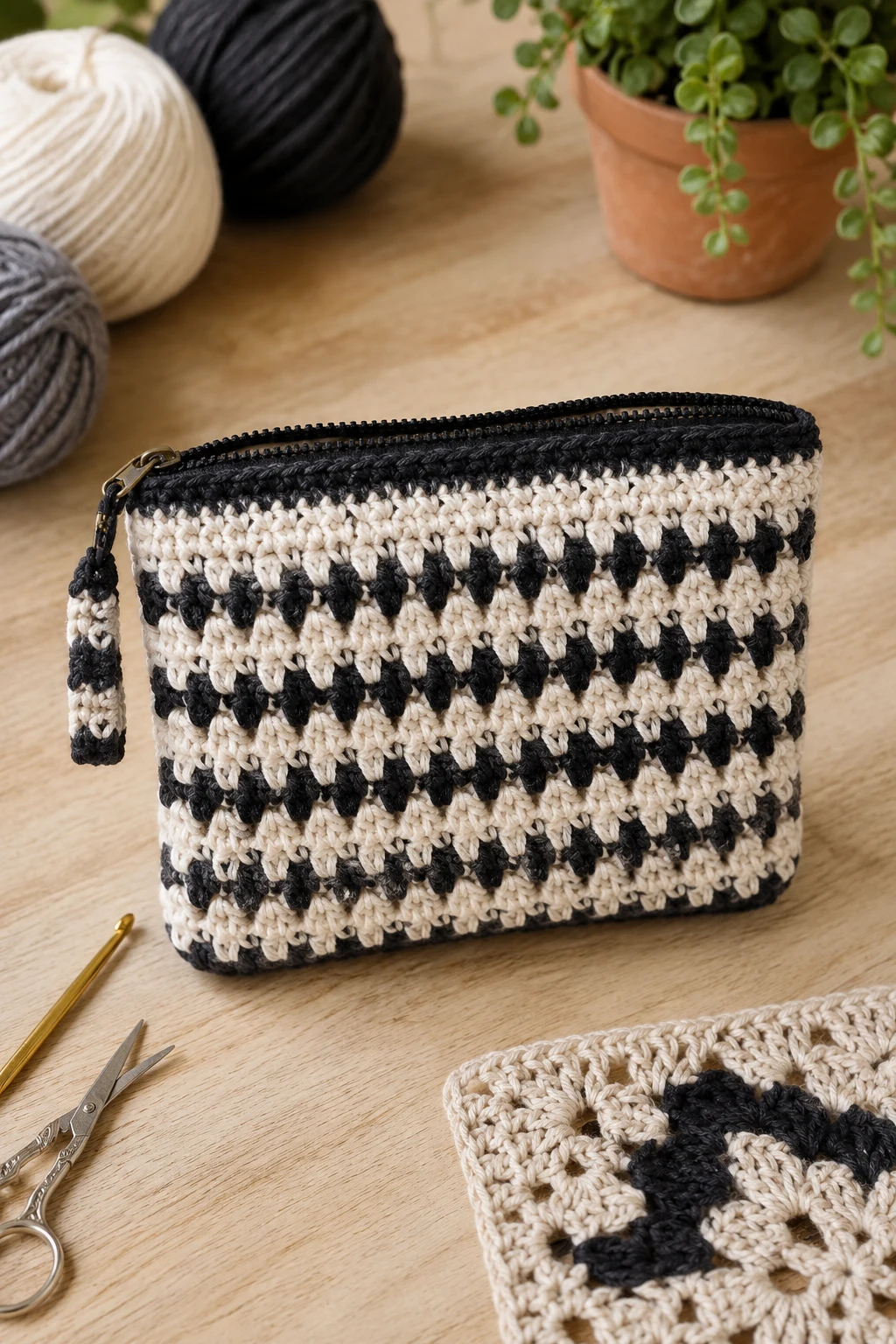 Elegant Monochrome Crochet Cosmetic Bag — crochet cosmetic bag style outfit