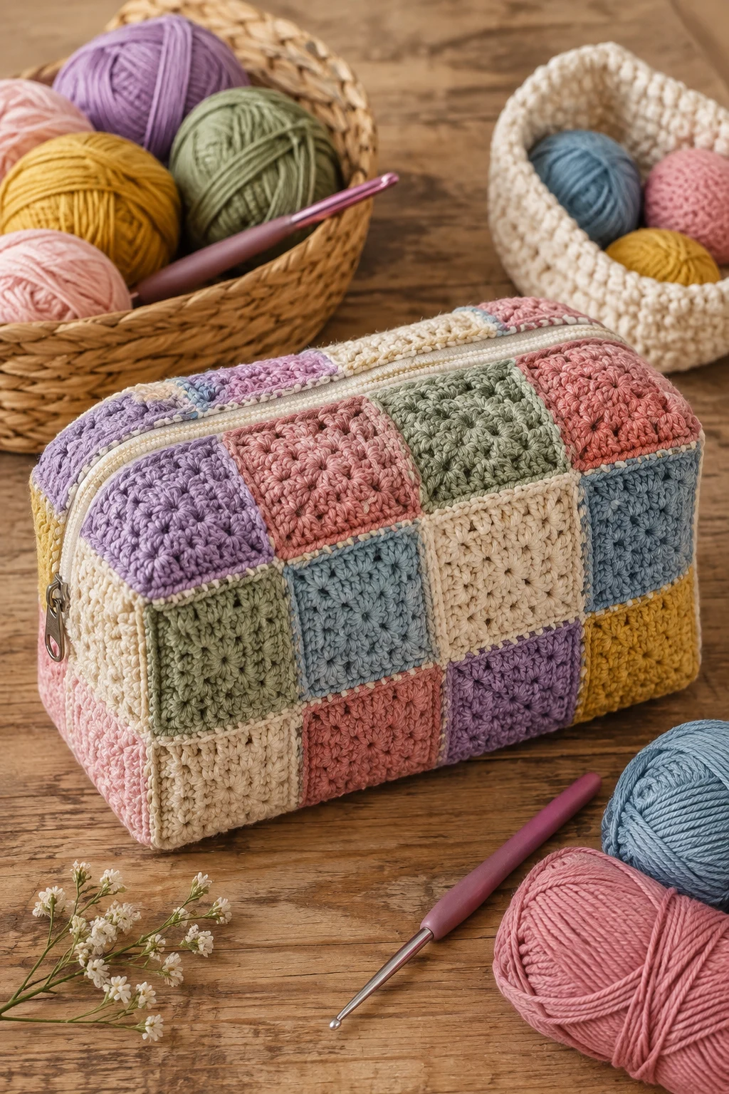 Patchwork Crochet Makeup Organizer — crochet cosmetic bag style outfit