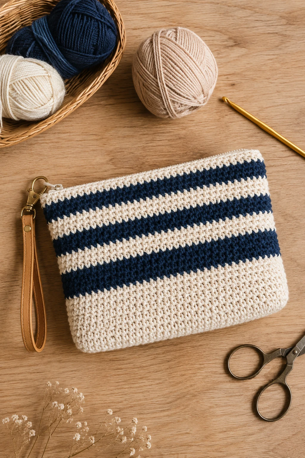 Copenhagen-Inspired Striped Pouch — Crochet cosmetic bag style outfit