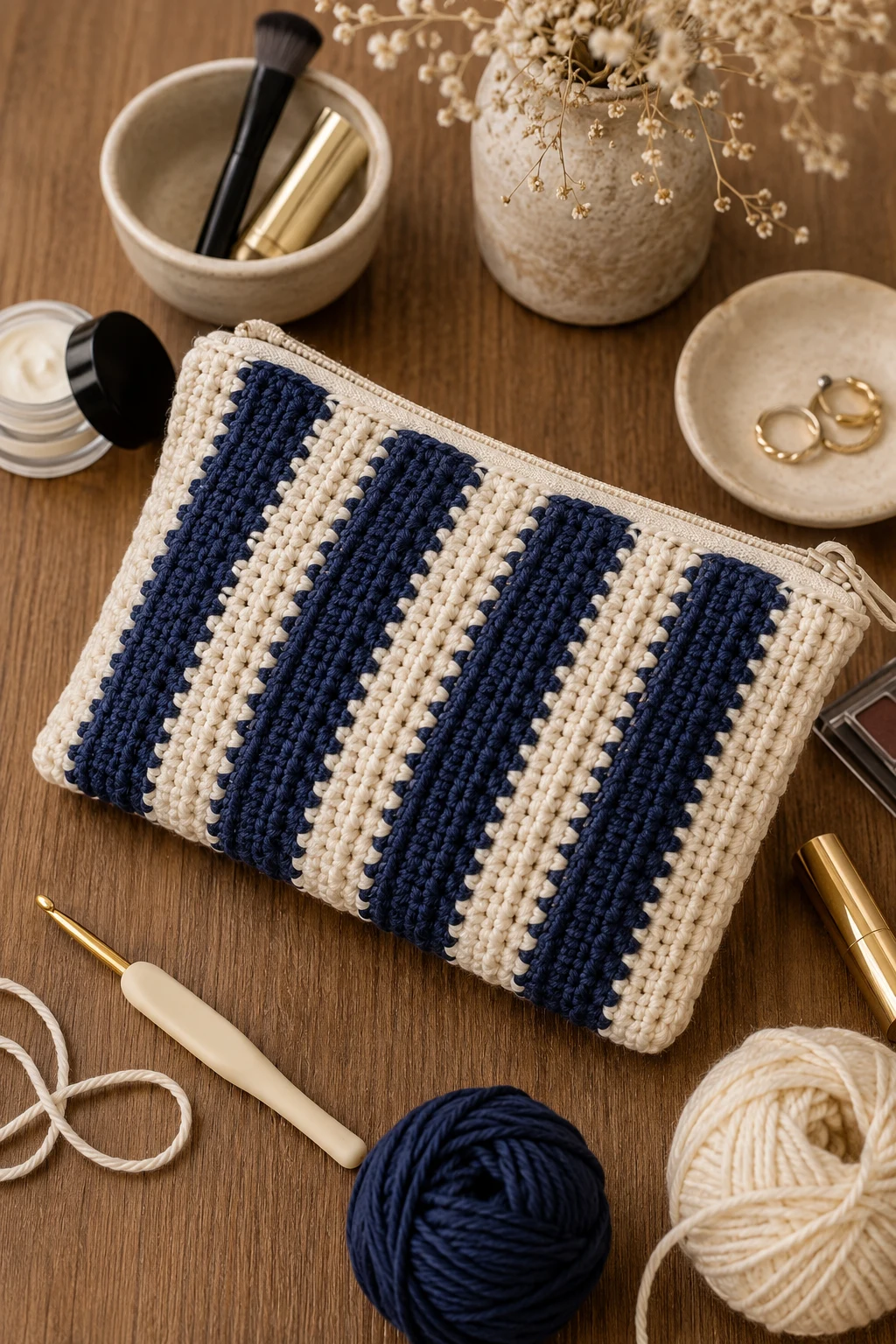 Copenhagen-Inspired Striped Makeup Bag — crochet cosmetic bag style outfit