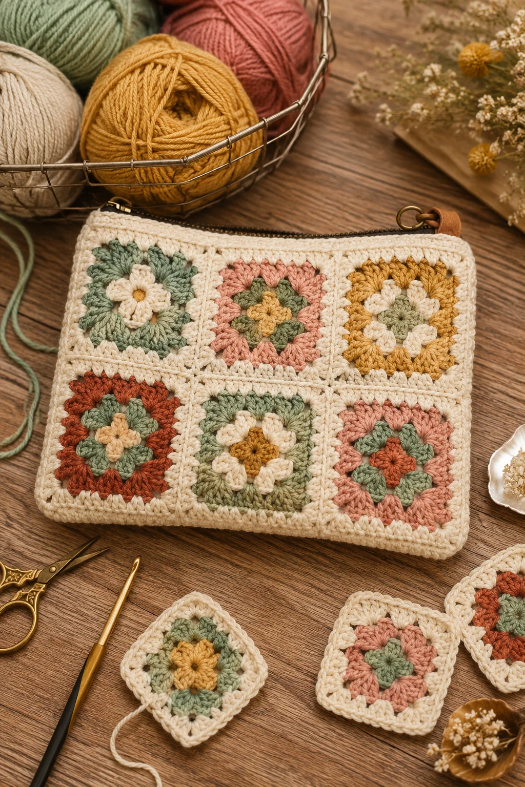 Granny Square Crochet Cosmetic Bag — crochet cosmetic bag style outfit