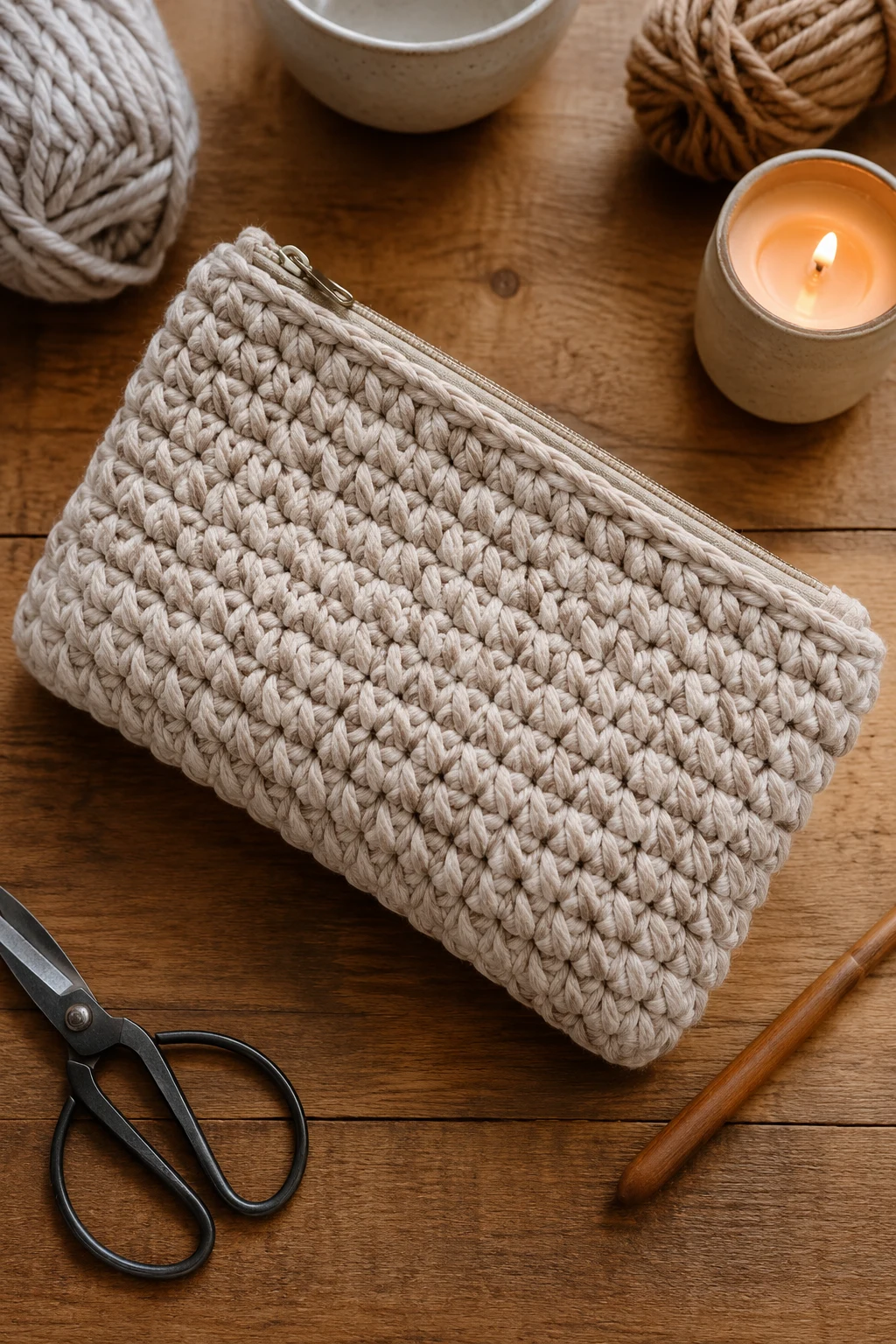 Chunky Neutral Spa Pouch — Crochet cosmetic bag style outfit