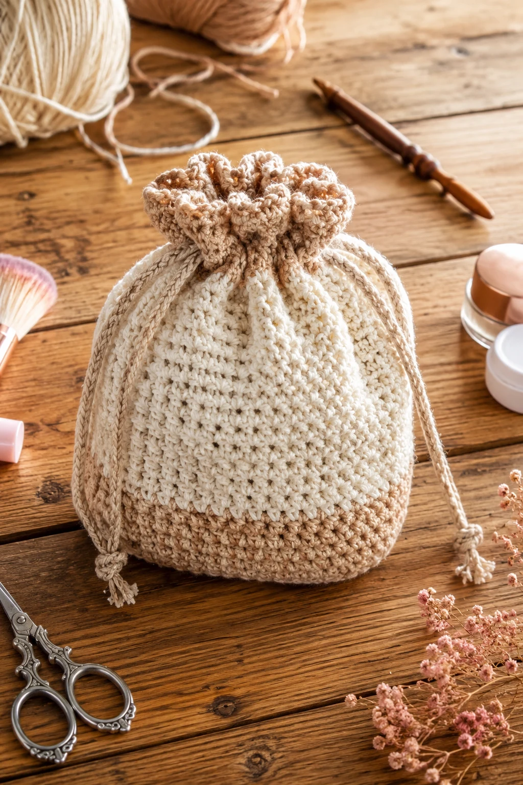 No-Zipper Drawstring Makeup Pouch — crochet cosmetic bag style outfit