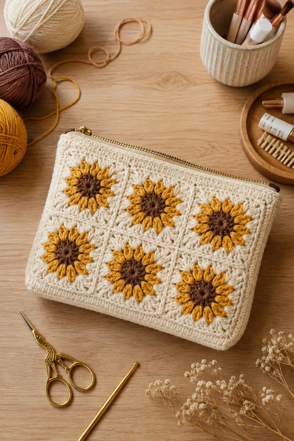 Sunflower Crochet Cosmetic Bag — crochet cosmetic bag style outfit