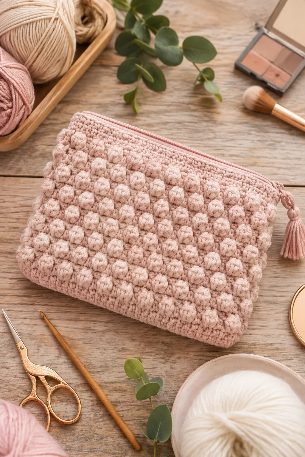 Crochet Makeup Bag With Bobble Texture — Crochet cosmetic bag style outfit