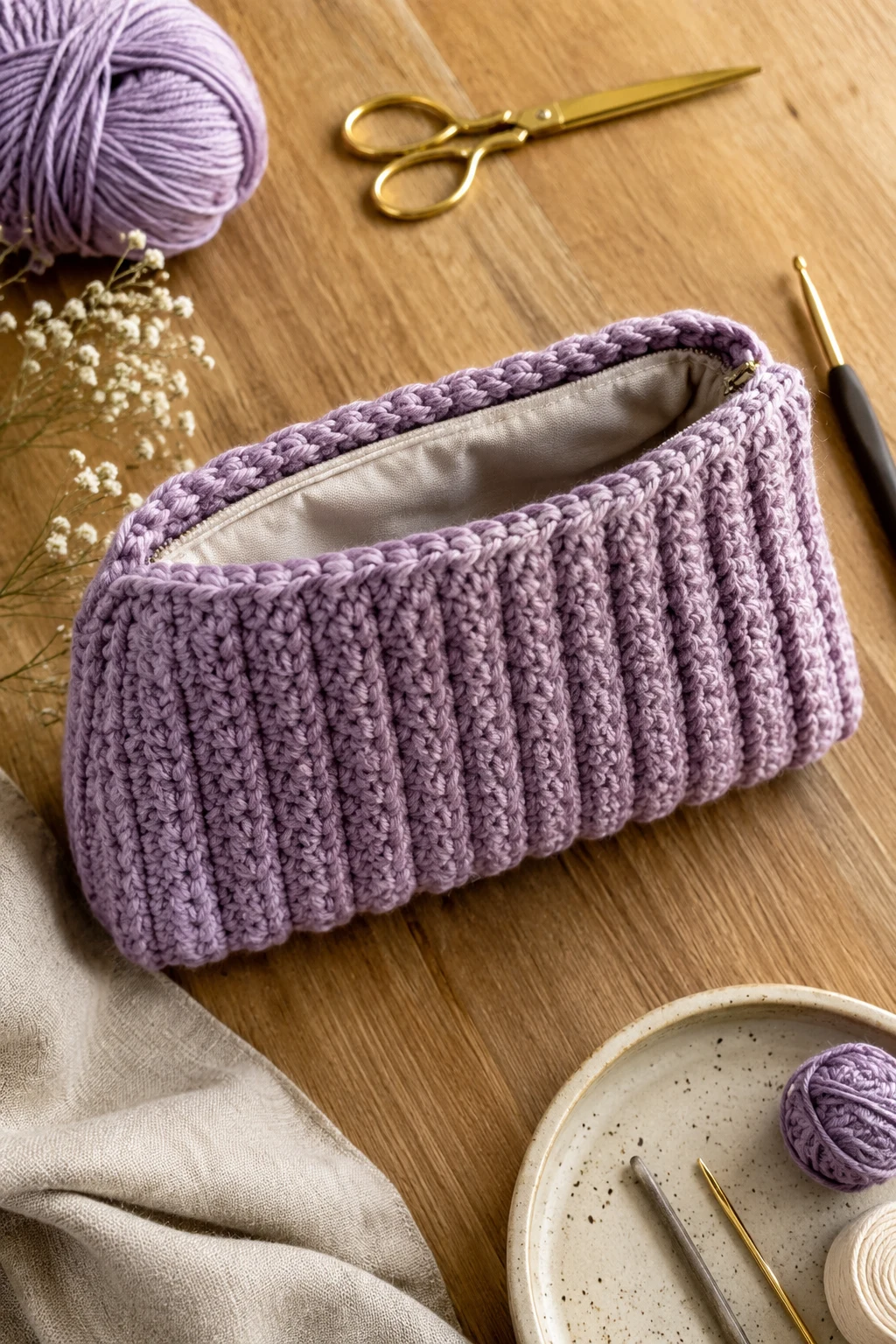 Chunky Ribbed Crochet Makeup Bag — crochet cosmetic bag style outfit
