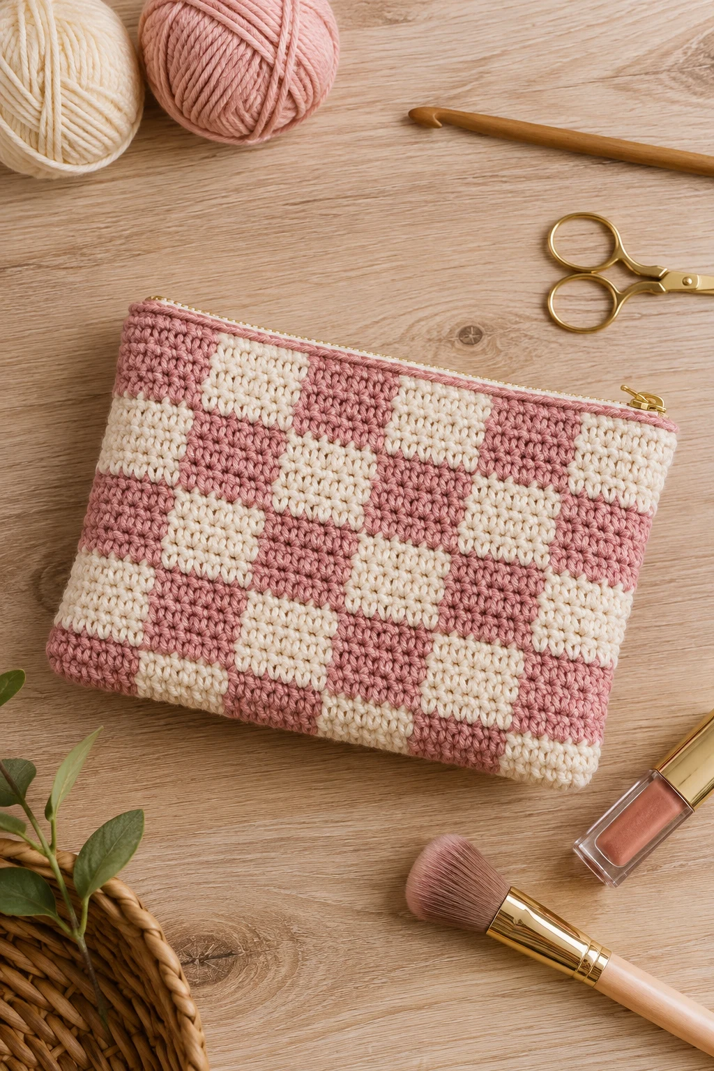 Checkerboard Cosmetic Pouch — crochet cosmetic bag style outfit