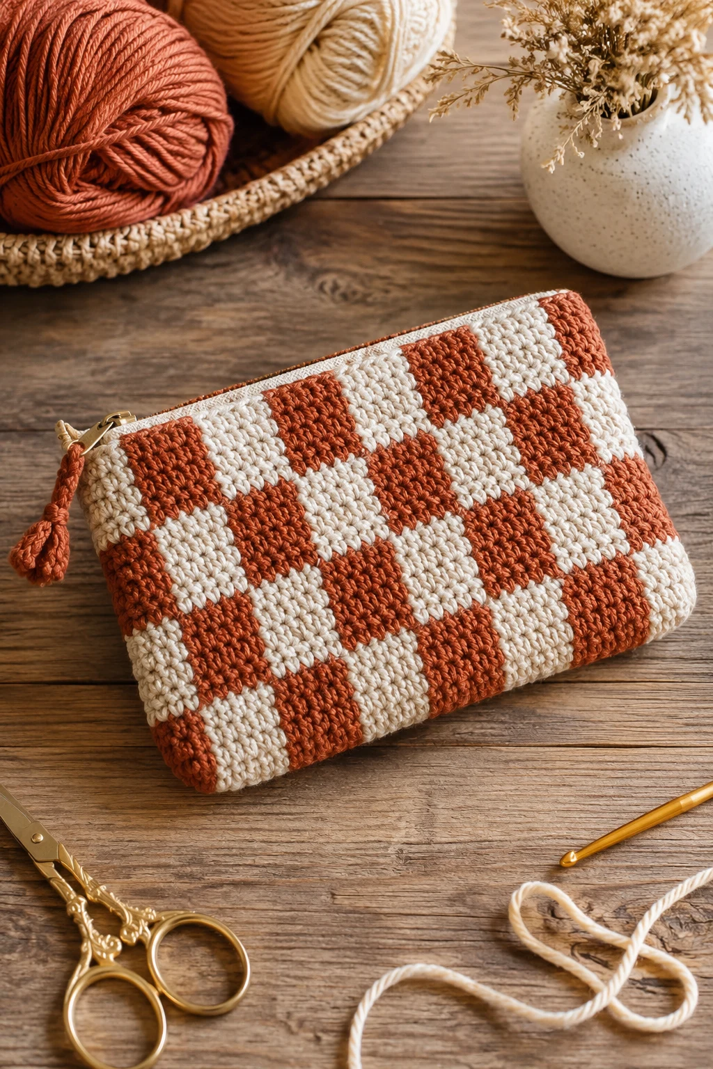 Retro Checkerboard Beauty Pouch — Crochet cosmetic bag style outfit