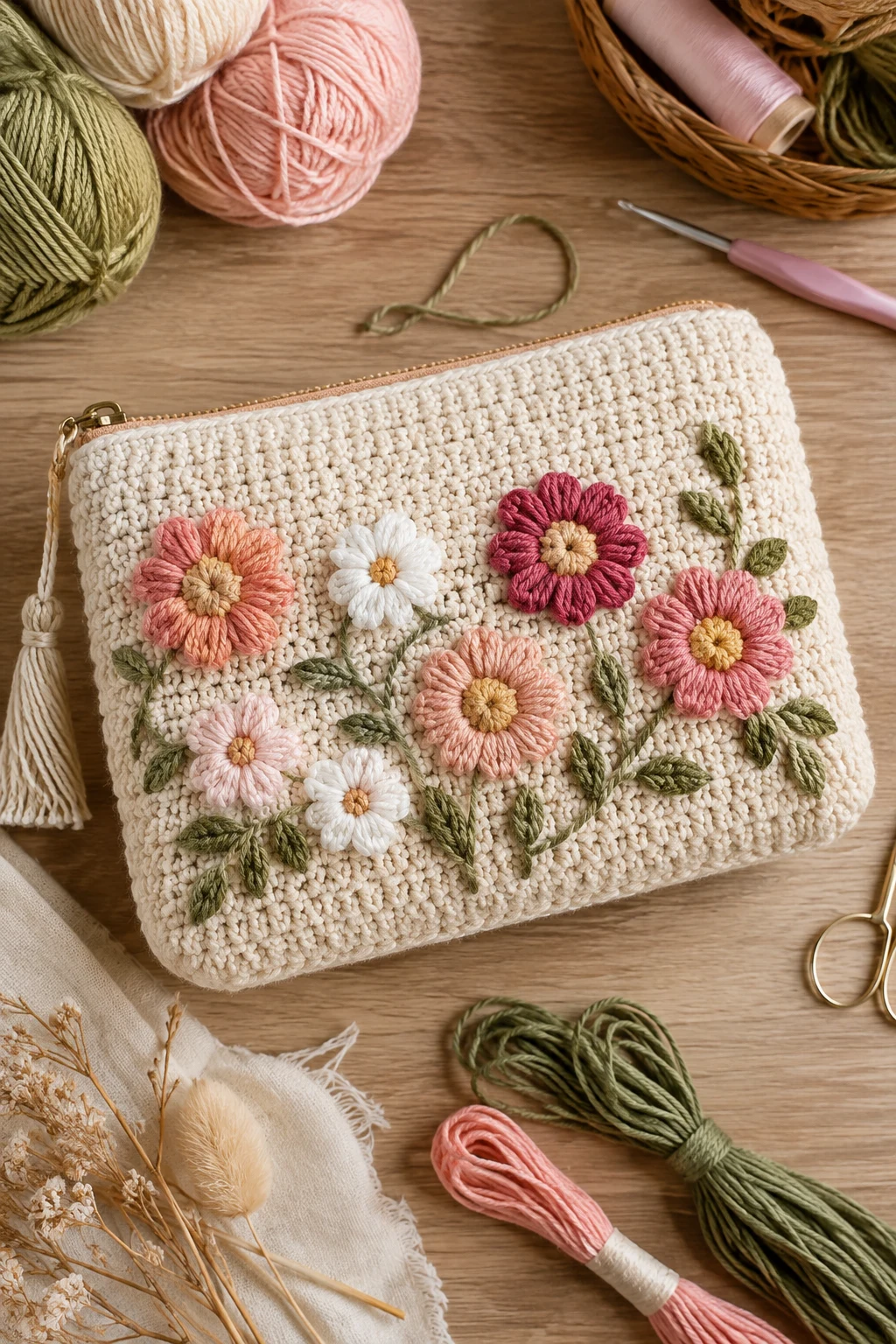 Floral Embroidered Crochet Cosmetic Bag — crochet cosmetic bag style outfit